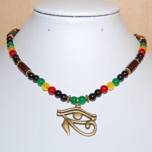 Egyptian Hawk Necklace,Eye of Horus Necklace,6mm Stone Beads,Rasta Necklace